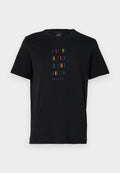 Schwarzes Baumwoll-T-Shirt mit einem vertikalen Design aus bunten Streifen und dem Text "PS Paul Smith" am unteren Ende. Standard Rundhalsausschnitt.