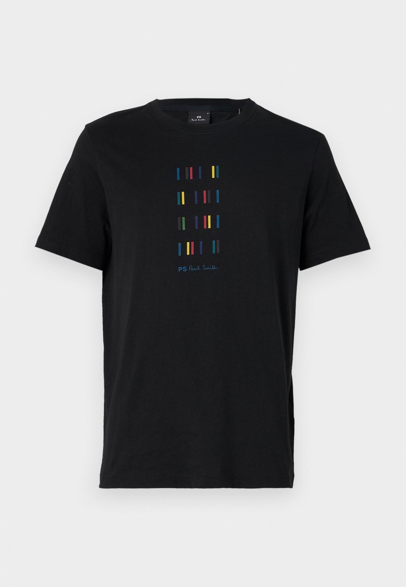 Schwarzes Baumwoll-T-Shirt mit einem vertikalen Design aus bunten Streifen und dem Text "PS Paul Smith" am unteren Ende. Standard Rundhalsausschnitt.