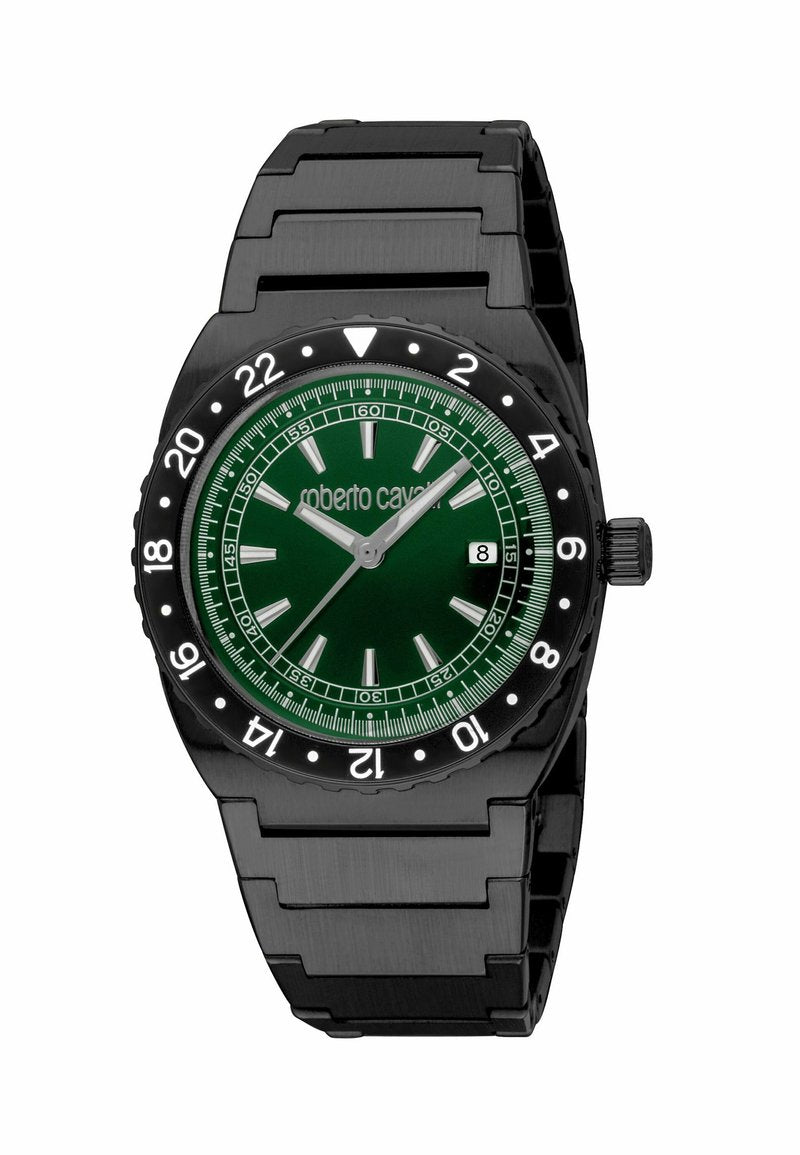 Schwarze Metallarmbanduhr mit grünem Zifferblatt, silbernen Stundenmarkierungen, drei Zeigern, Datumsfenster bei 3 Uhr und 24-Stunden-Drehlünette mit weißen Markierungen.