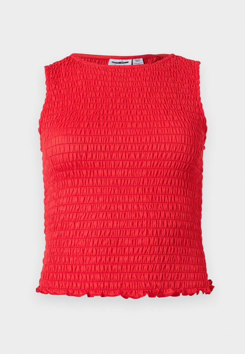 Ärmelloses rotes Crop-Top mit gerafftem, strukturiertem Stoff und kleinem, gerafftem Saum entlang des unteren Randes.