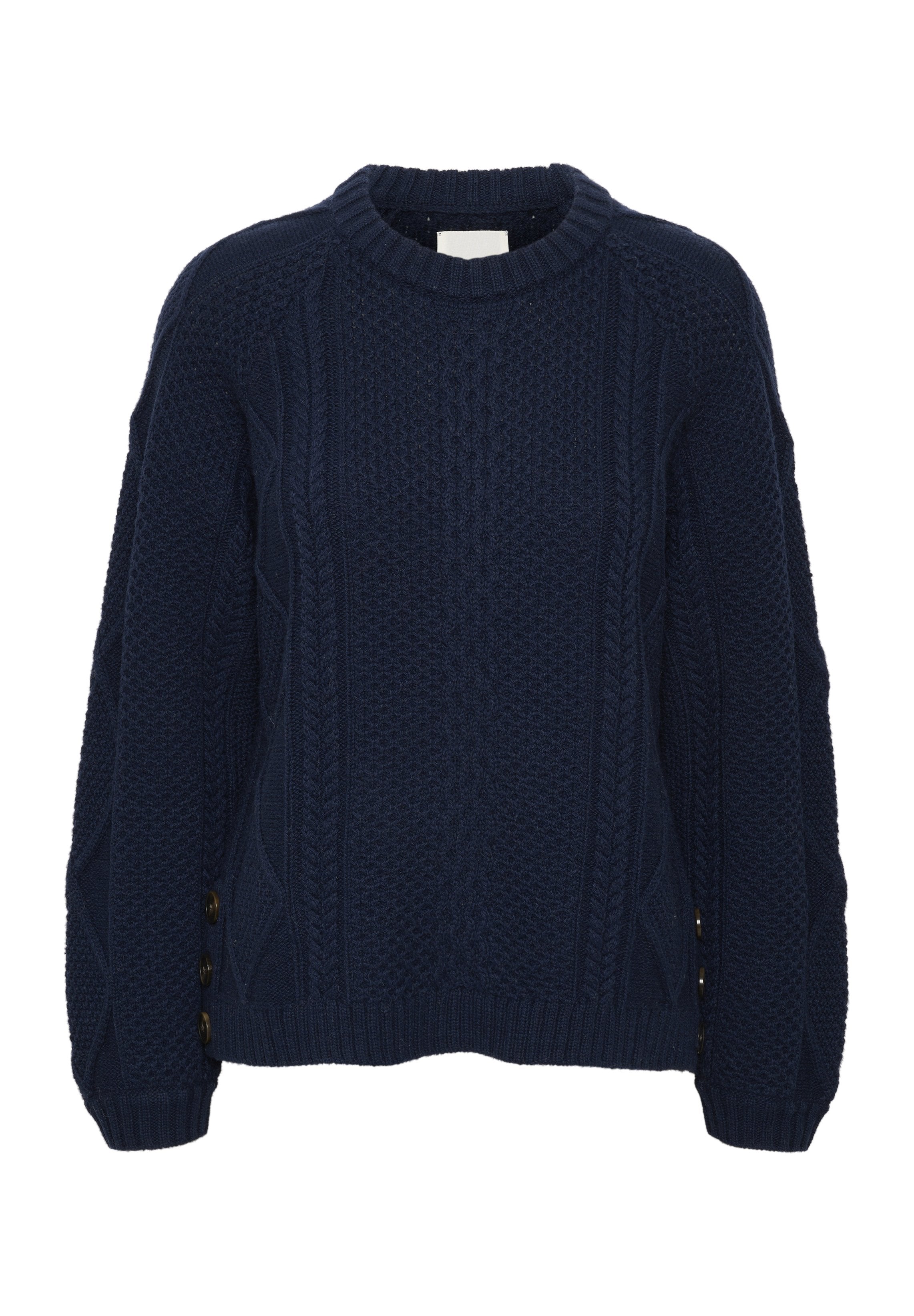 Marinblauer gestrickter Pullover mit ribbeligem Rundhalsausschnitt, strukturiertem Kabelmuster und Knopfakzenten an der Seite für zusätzliche Details.
