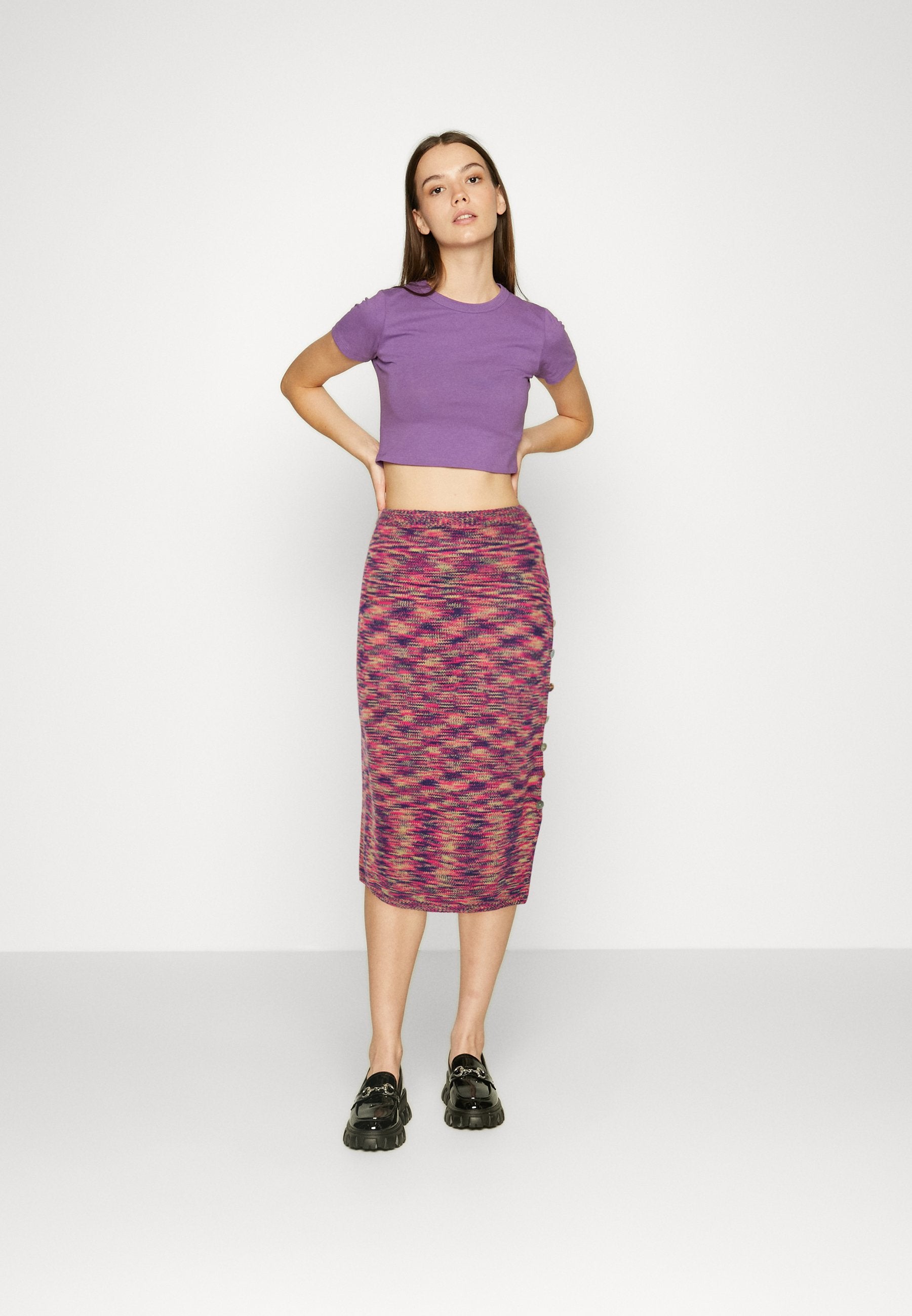 Vintage Supply SPACEDYE MIDI SKIRT WITH SIDE BUTTONDETAIL
