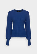 Blaues geripptes Strickpullover mit langen, leicht puffigen Ärmeln und rundem Ausschnitt. Verfügt über ein strukturiertes Muster und einen taillierten Schnitt.