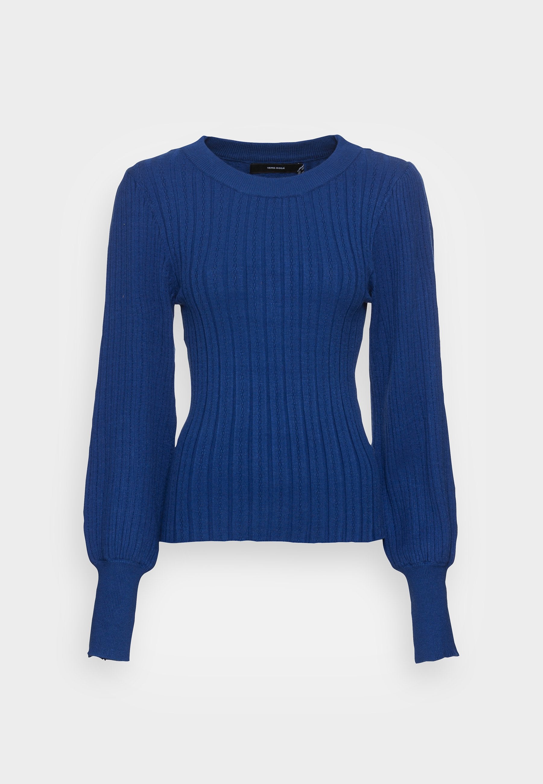 Blaues geripptes Strickpullover mit langen, leicht puffigen Ärmeln und rundem Ausschnitt. Verfügt über ein strukturiertes Muster und einen taillierten Schnitt.