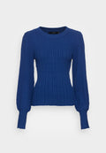 Blaues geripptes Strickpullover mit langen, leicht puffigen Ärmeln und rundem Ausschnitt. Verfügt über ein strukturiertes Muster und einen taillierten Schnitt.