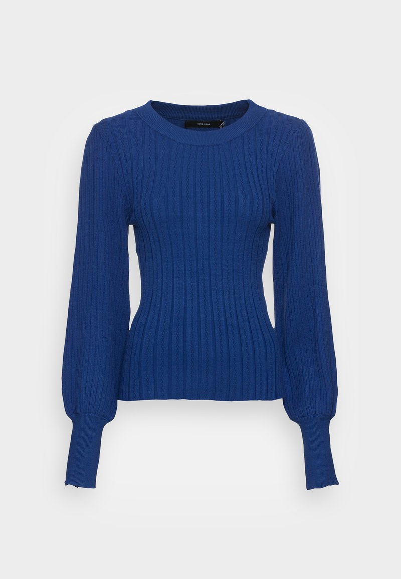 Blaues geripptes Strickpullover mit langen, leicht puffigen Ärmeln und rundem Ausschnitt. Verfügt über ein strukturiertes Muster und einen taillierten Schnitt.
