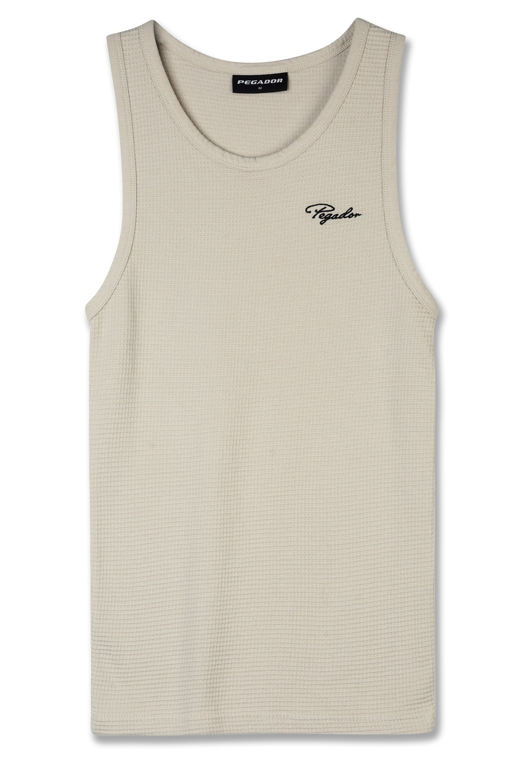 Hellbeige Tanktop aus strukturiertem Stoff. Mit rundem Ausschnitt und gesticktem schwarzem Logo auf der Brust. Ärmelloses Design.