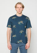Marineblaues Kurzarm-T-Shirt aus Baumwolle mit floralem Muster in Beige und Türkis. Rundhalsausschnitt und lockere Passform.