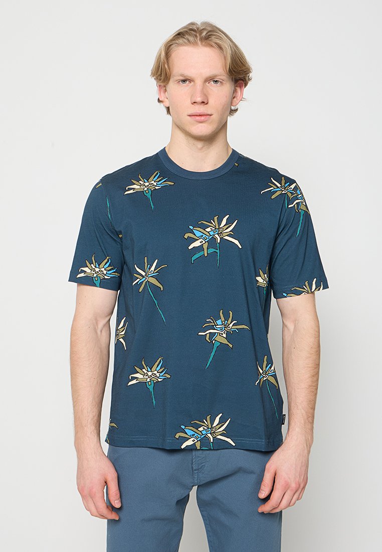 Marineblaues Kurzarm-T-Shirt aus Baumwolle mit floralem Muster in Beige und Türkis. Rundhalsausschnitt und lockere Passform.