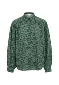 Grüne Bluse mit einem Karomuster in dunklerem Grün und Schwarz. Knopfleiste, lange Ärmel mit Raffung an den Bündchen, leichtes Material.