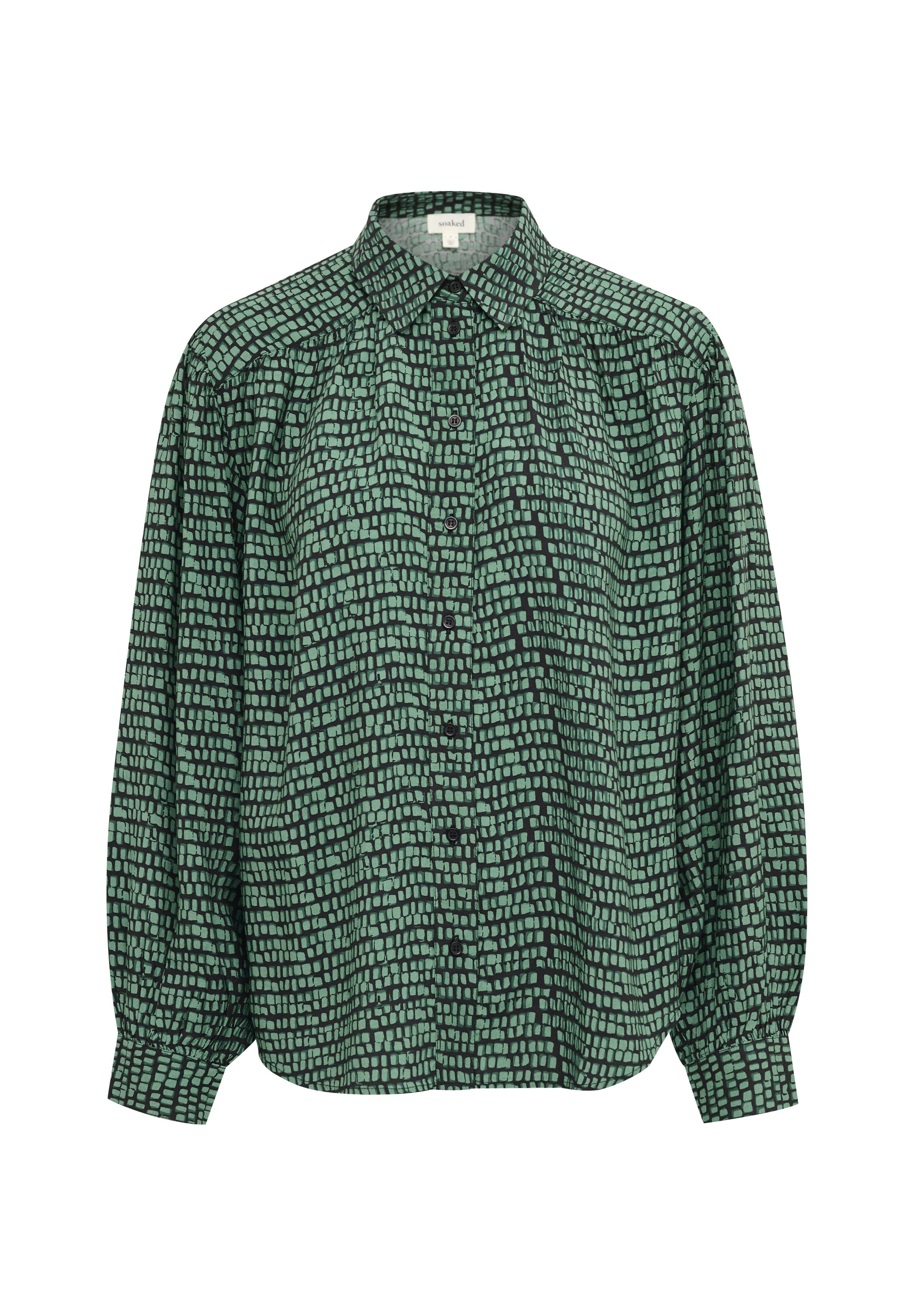 Grüne Bluse mit einem Karomuster in dunklerem Grün und Schwarz. Knopfleiste, lange Ärmel mit Raffung an den Bündchen, leichtes Material.