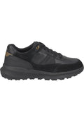 Schwarze Sportliche Schuhe aus Leder und Wildleder, mit rundem Zehenbereich, strukturiertem Gummisohle und braunem Akzent an der Ferse.