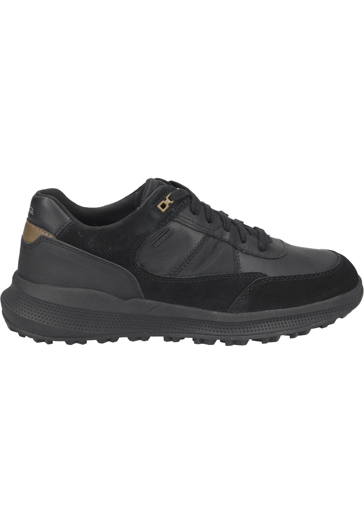 Schwarze Sportliche Schuhe aus Leder und Wildleder, mit rundem Zehenbereich, strukturiertem Gummisohle und braunem Akzent an der Ferse.