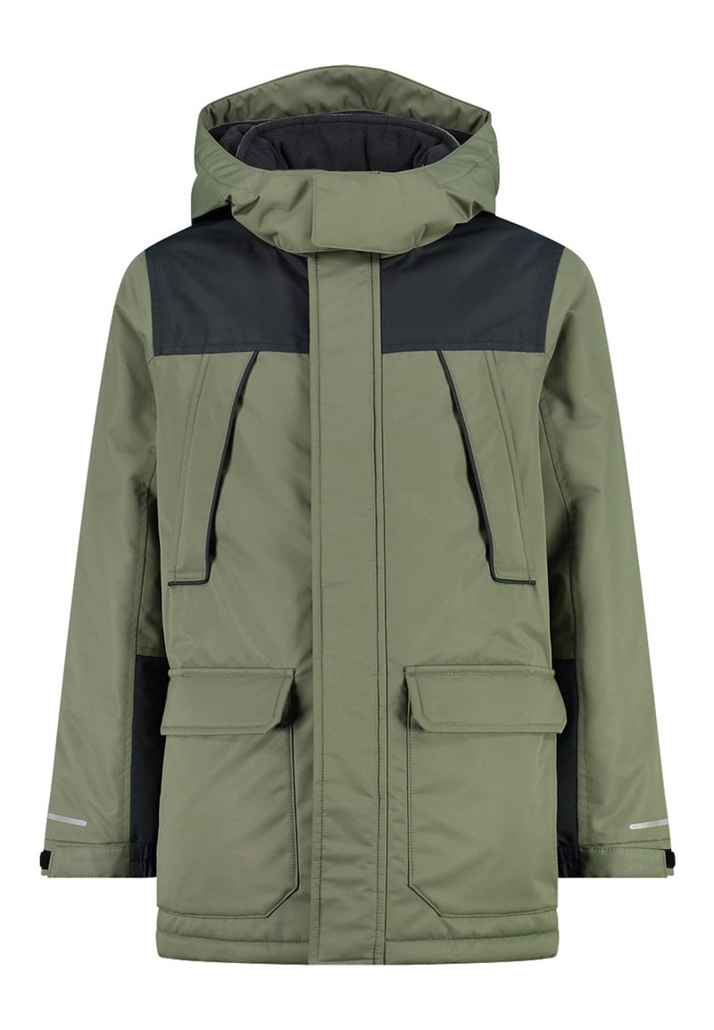 Grüne Parkajacke mit Kapuze, ausgestattet mit schwarzen Schulterakzenten, zwei Fronttaschen mit Klappen und reflektierenden Details an den Ärmeln. Strukturstoff.