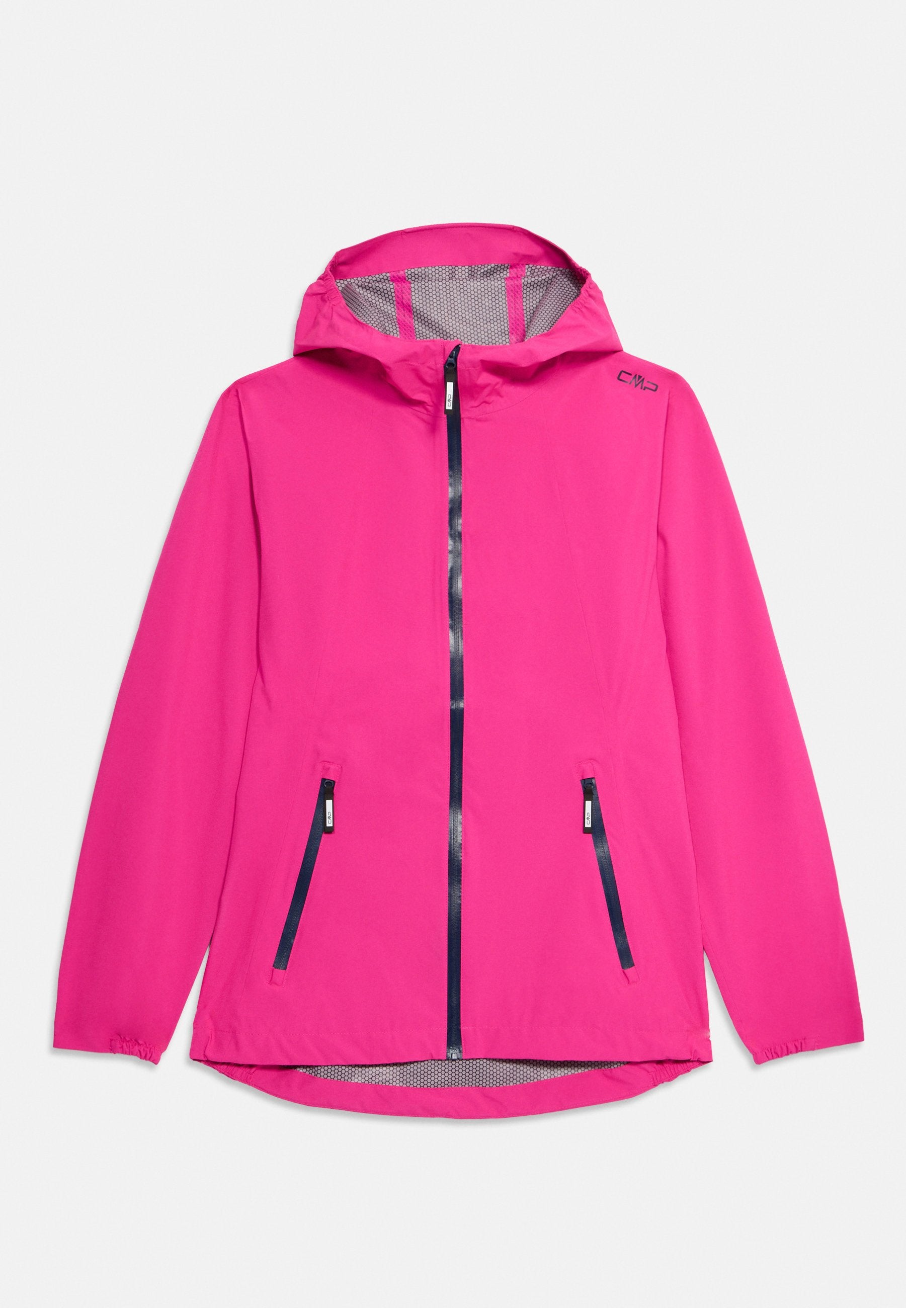 Rosa wasserdichte Jacke mit Kapuze, Netzeinsatz, Frontreißverschluss und zwei Reißverschlusstaschen. Elastische Bündchen und ein geschwungener Saum. 