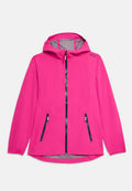 Rosa wasserdichte Jacke mit Kapuze, Netzeinsatz, Frontreißverschluss und zwei Reißverschlusstaschen. Elastische Bündchen und ein geschwungener Saum. 