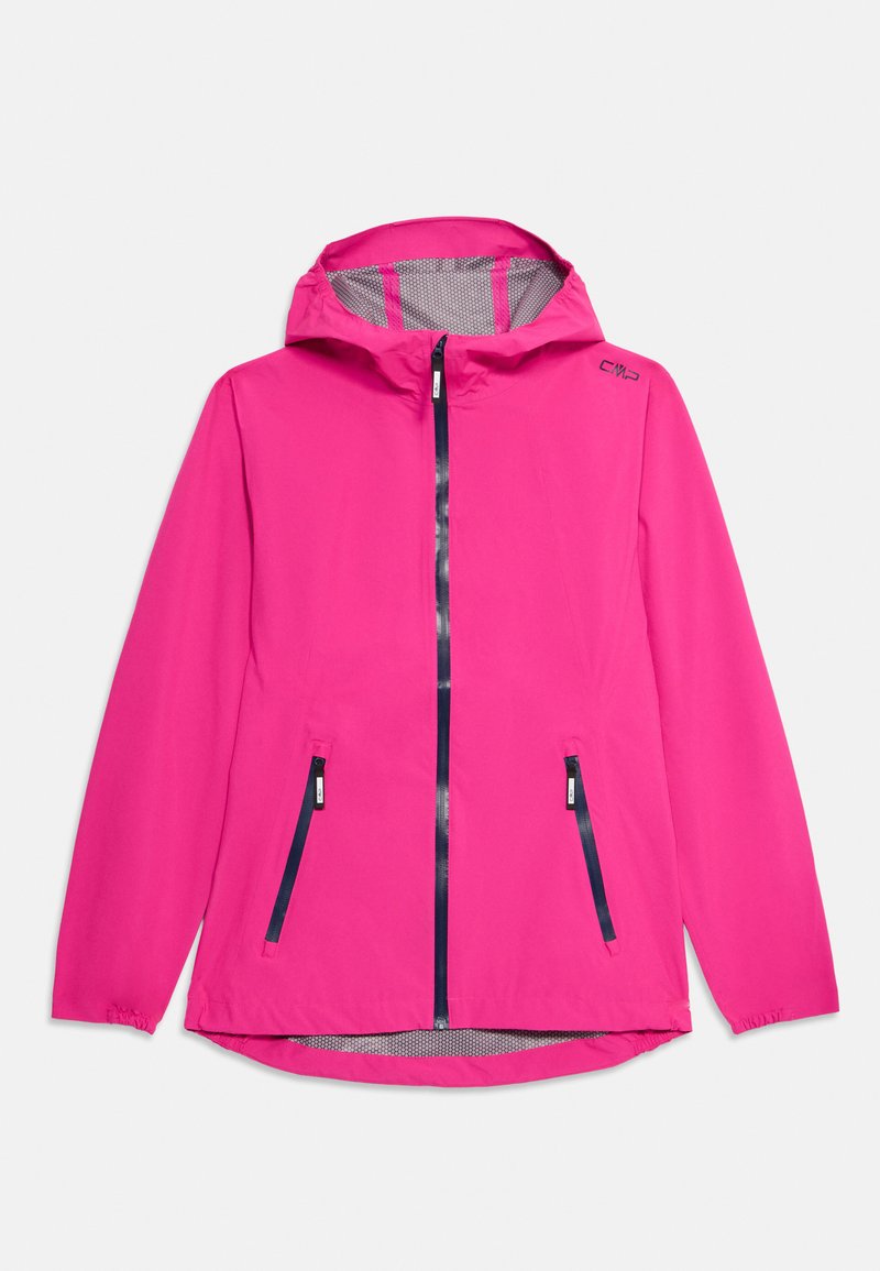 Rosa wasserdichte Jacke mit Kapuze, Netzeinsatz, Frontreißverschluss und zwei Reißverschlusstaschen. Elastische Bündchen und ein geschwungener Saum. 