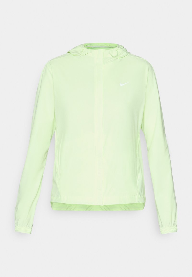 Hellegrüne Nike-Jacke mit Kapuze, elastischen Bündchen und Saum. Hat eine glatte, matte Textur und ein kleines weißes Logo auf der linken Brust.