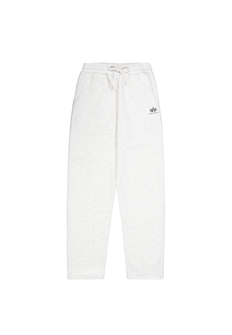 Hellgraue Jogginghose aus weichem Material, mit einem elastischen Bund und Kordelzug, seitlichen Taschen und einem kleinen Logo auf der Vorderseite.
