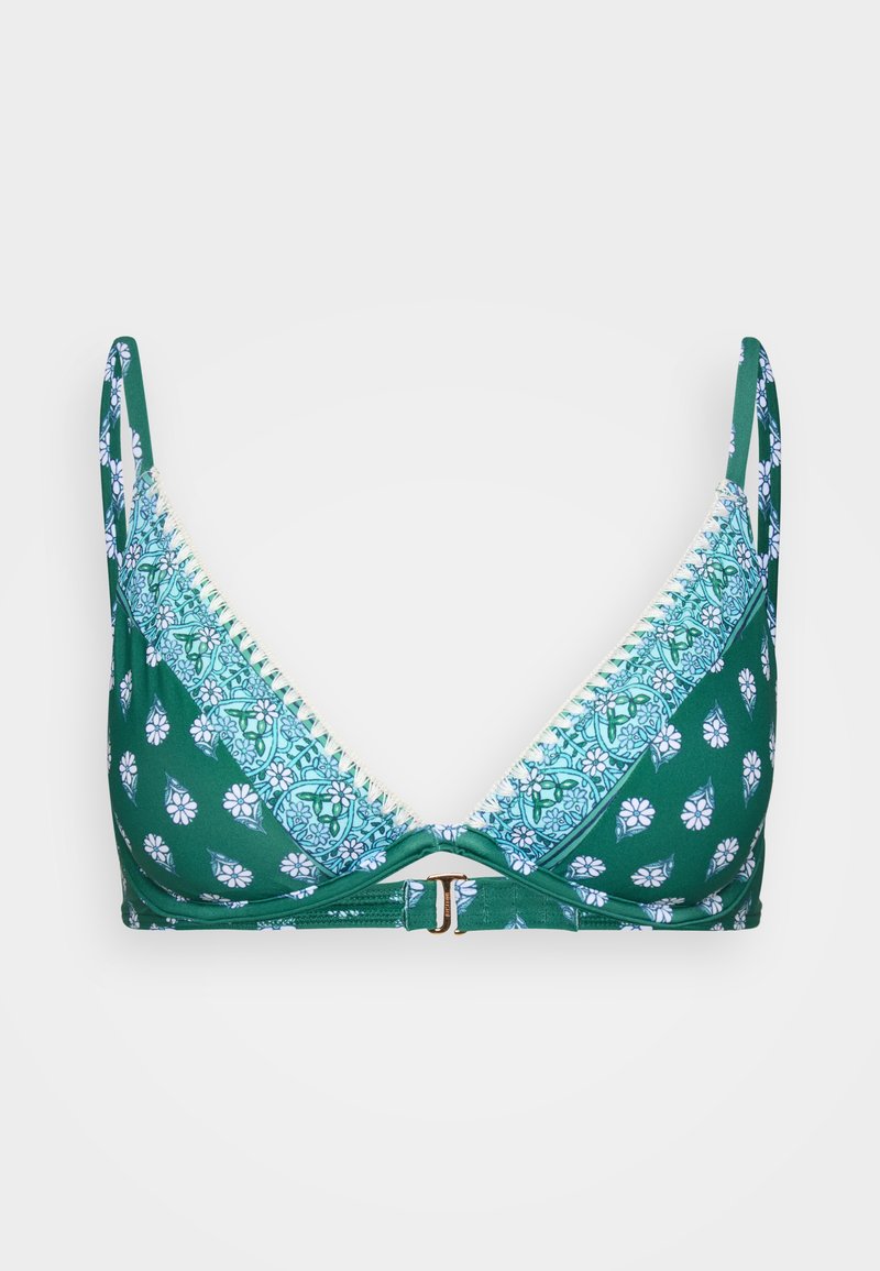 Grüner Bikini-Oberteil mit Blumenmuster in triangulärer Form, verstellbaren Trägern und einem goldfarbenen Verschluss in der Mitte vorne.