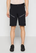 Schwarze Radshorts aus atmungsaktivem Stoff, mit reflektierenden Akzenten, verstellbarem Bund und zwei Reißverschlusstaschen an der Vorderseite.