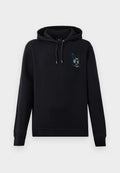 Schwarzer Hoodie aus Baumwollmischung, mit einer Fronttasche, verstellbarem Kapuzenzug und einem bunten Hasen-Graphic auf der linken Brustseite.