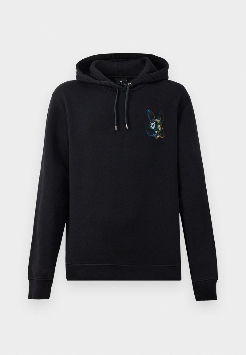 Schwarzer Hoodie aus Baumwollmischung, mit einer Fronttasche, verstellbarem Kapuzenzug und einem bunten Hasen-Graphic auf der linken Brustseite.