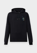 Schwarzer Hoodie aus Baumwollmischung, mit einer Fronttasche, verstellbarem Kapuzenzug und einem bunten Hasen-Graphic auf der linken Brustseite.
