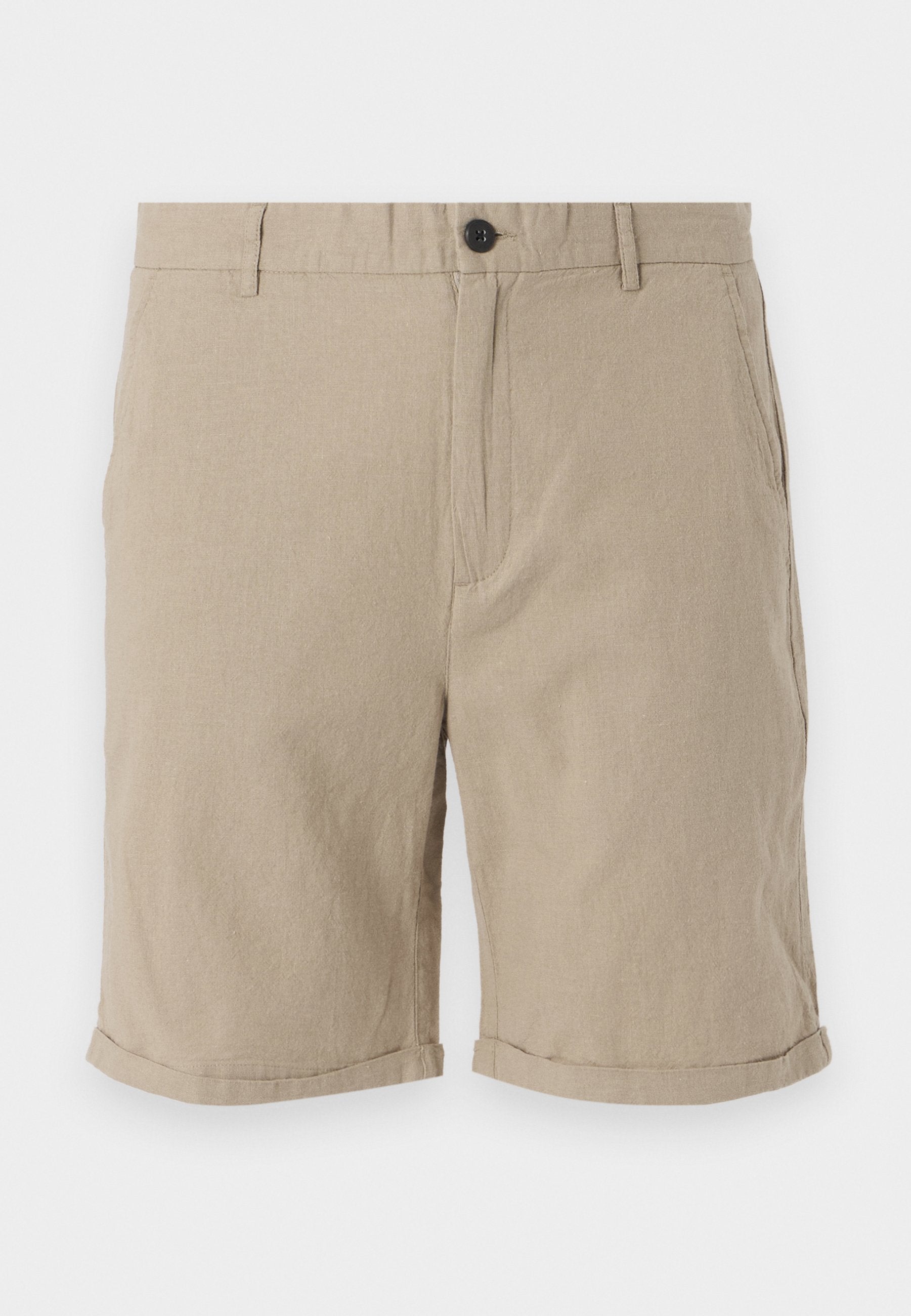 Beige Leinen-Shorts mit Knopfverschluss, flacher Front, Seitentaschen und umgeschlagenen Säumen, die aus einem strukturierten Stoff für Atmungsaktivität bestehen.