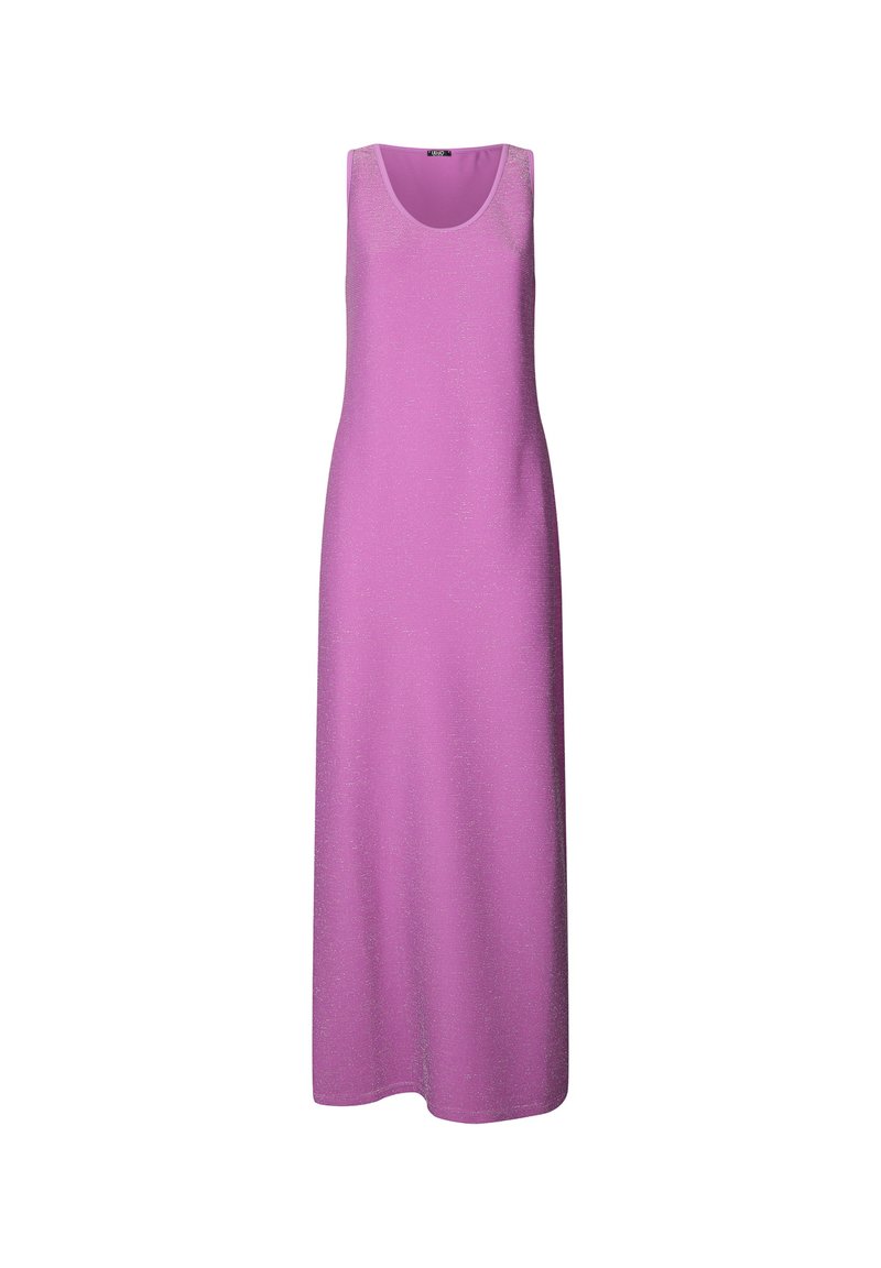 Langes, ärmelloses Kleid aus strukturiertem Stoff in einem hellen Rosaton, mit einem runden Halsausschnitt und einer geraden, bodenlangen Silhouette.