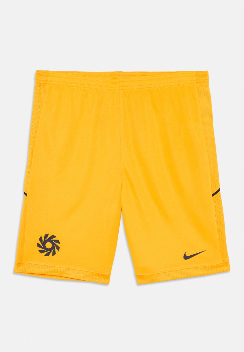 Hellgelbe Sportshorts mit schwarzem Nike-Swoosh und rundem Spiral-Logo nahe dem Saum, mit elastischem Bund und seitlichen Mesh-Einsätzen.
