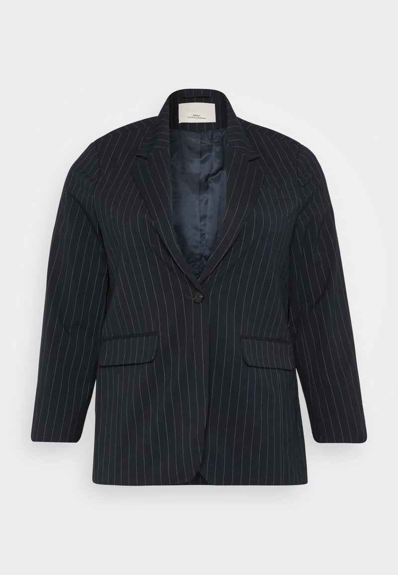 Marineblaues Nadelstreifenblazer mit einer einzelnen Knopfverschluss, Reverskragen und zwei Fronttaschen. Glatte Innenausstattung und lässige Passform.