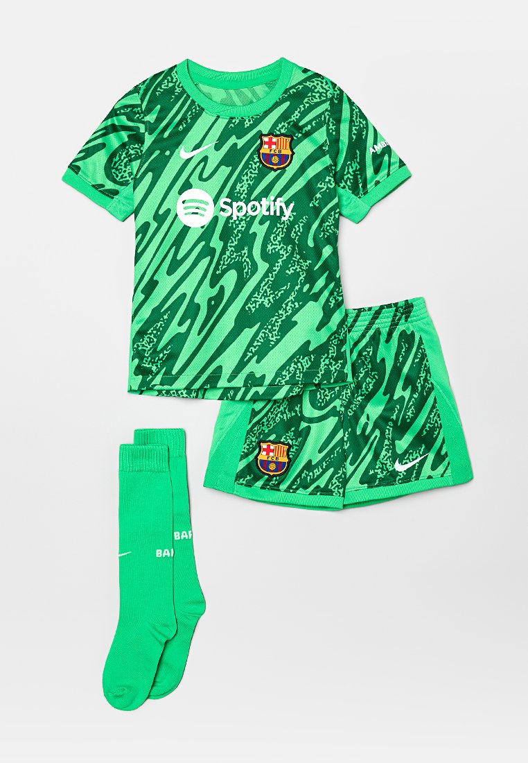 Kinder-Fußballtrikot des FC Barcelona in Grün- und Dunkelgrüntönen mit Trikot, Shorts, Spotify-Logo und passenden grünen Socken.