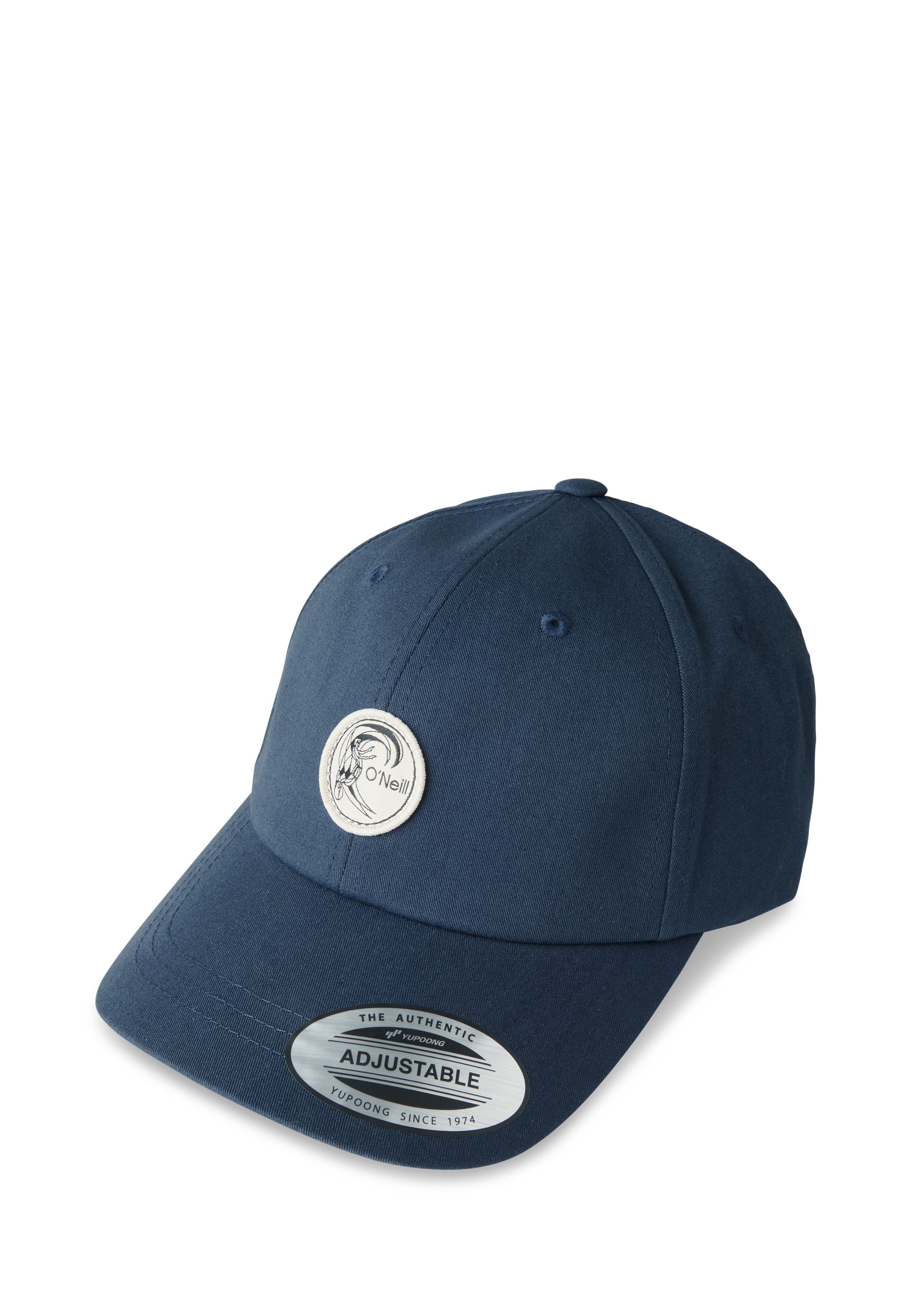 Marineblaue Baumwoll-Baseballkappe mit verstellbarem Riemen. Verfügt über einen runden Logo-Patch und silberne Akzente am Schirm.
