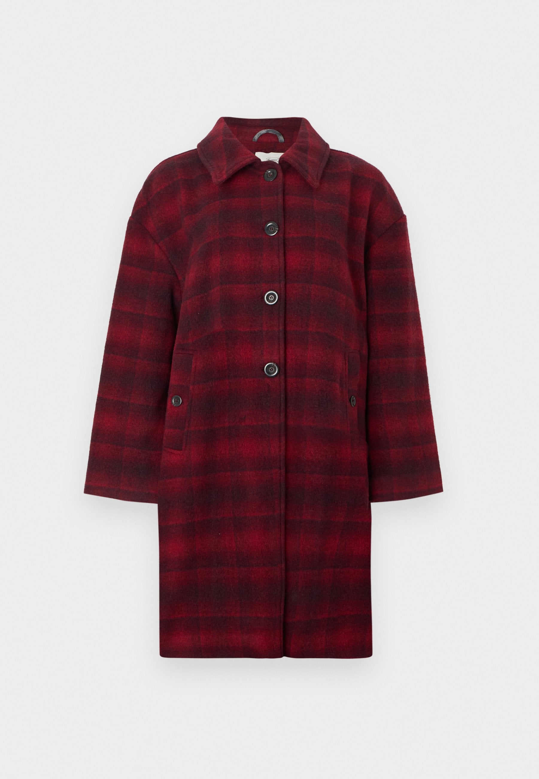 Roter karierter Mantel aus Wollstoff, mit Kragen, Knopfverschluss und zwei Vordertaschen. Lockerer Schnitt und mittellange Länge.