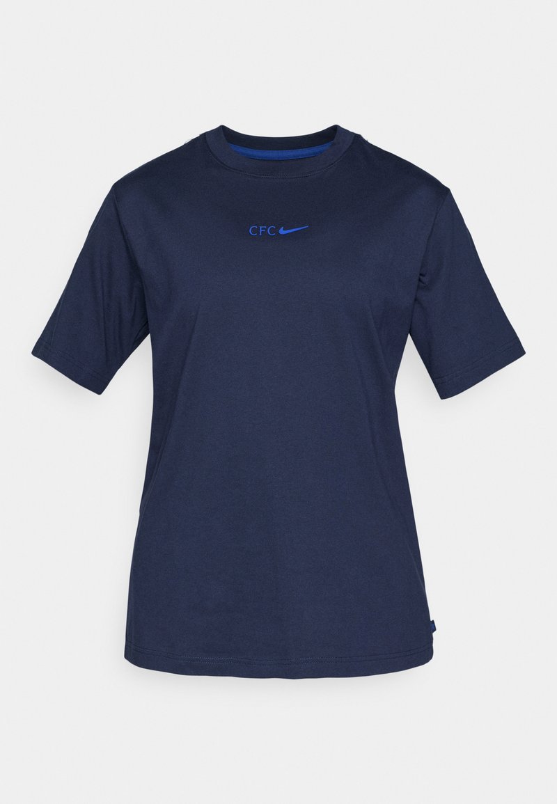 Dunkelblaue Baumwollt-Shirt mit Rundhalsausschnitt, kurzen Ärmeln und "CFC"-Logo in Blau über dem Nike-Swoosh. Glatte Textur und lässige Passform.