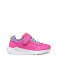 Pinker Sneaker mit Netz- und synthetischem Obermaterial. Verfügt über hellviolette und neonfarbene Akzente, einen Klettverschluss und eine strukturierte weiße Außensohle.