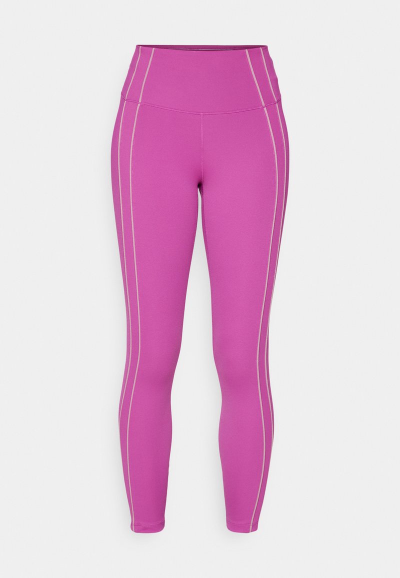 Figurbetonte Sportleggings aus leuchtend pinkem Stoff mit hohem Bund und kontrastierenden, hellgrauen Seitennähten. Sanfte Textur, dehnbares Material.