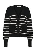 Schwarze gerippte Strickjacke mit weißen horizontalen Streifen, V-Ausschnitt, sechs Knöpfen, zwei Vordertaschen und enganliegenden Bündchen.