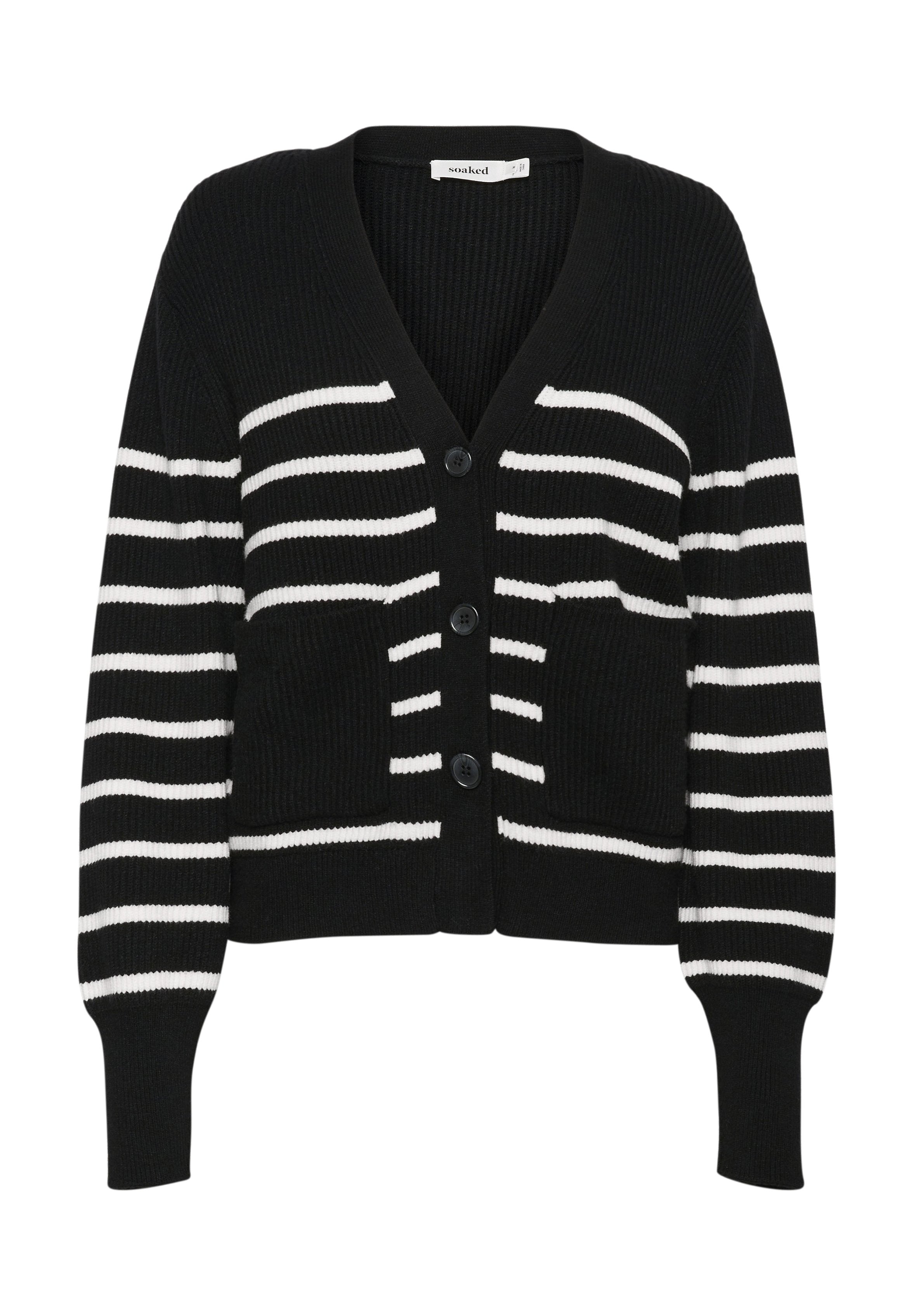 Schwarze gerippte Strickjacke mit weißen horizontalen Streifen, V-Ausschnitt, sechs Knöpfen, zwei Vordertaschen und enganliegenden Bündchen.