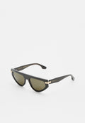 Schwarze rechteckige Sonnenbrille mit dunklen Gläsern und dezenten goldenen Akzenten an den Scharnieren, die auf einer weißen Fläche liegen.