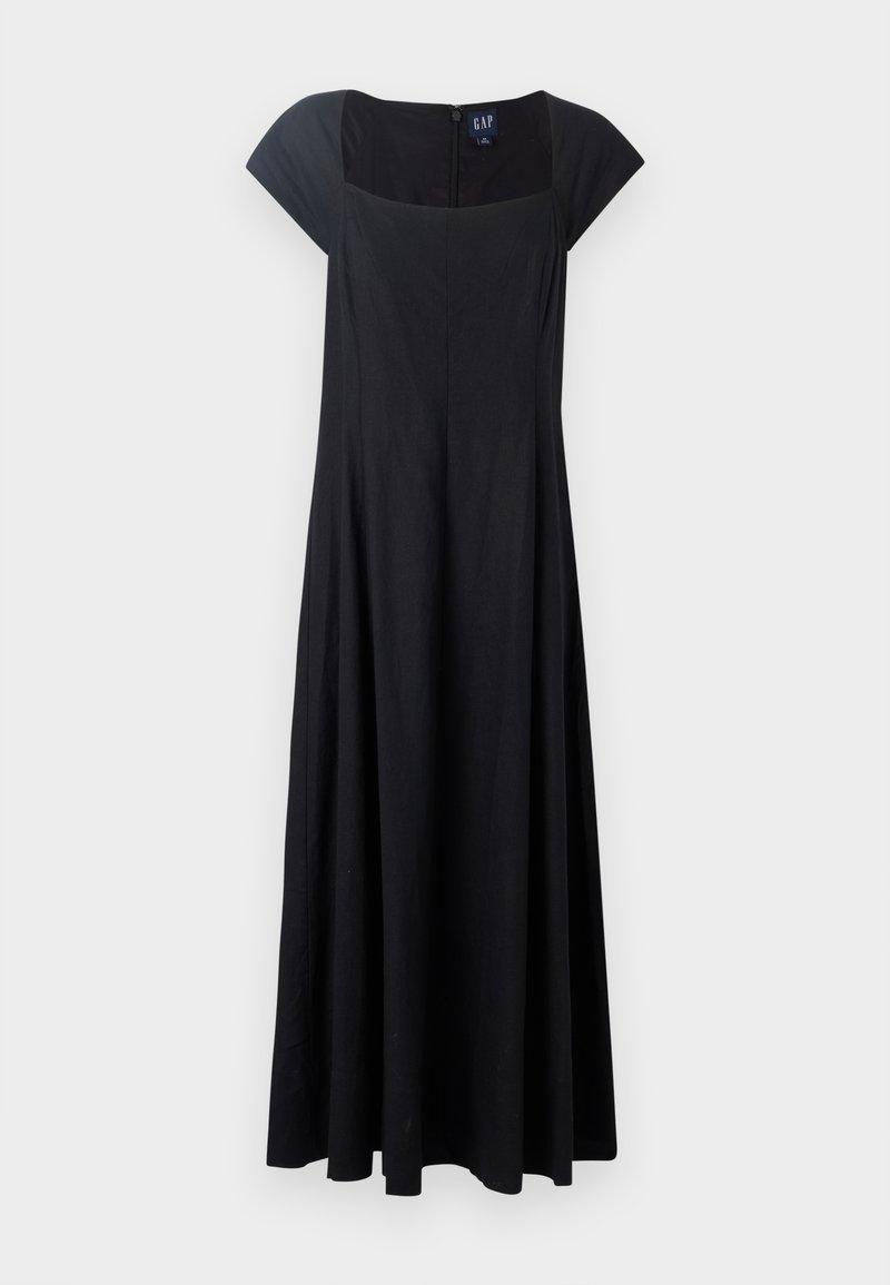 Schwarzes ärmelloses Kleid mit tailliertem Oberteil, ausgestelltem Rock und quadratischem Ausschnitt. Der Stoff wirkt glatt und hat einen Reißverschluss auf der Rückseite.