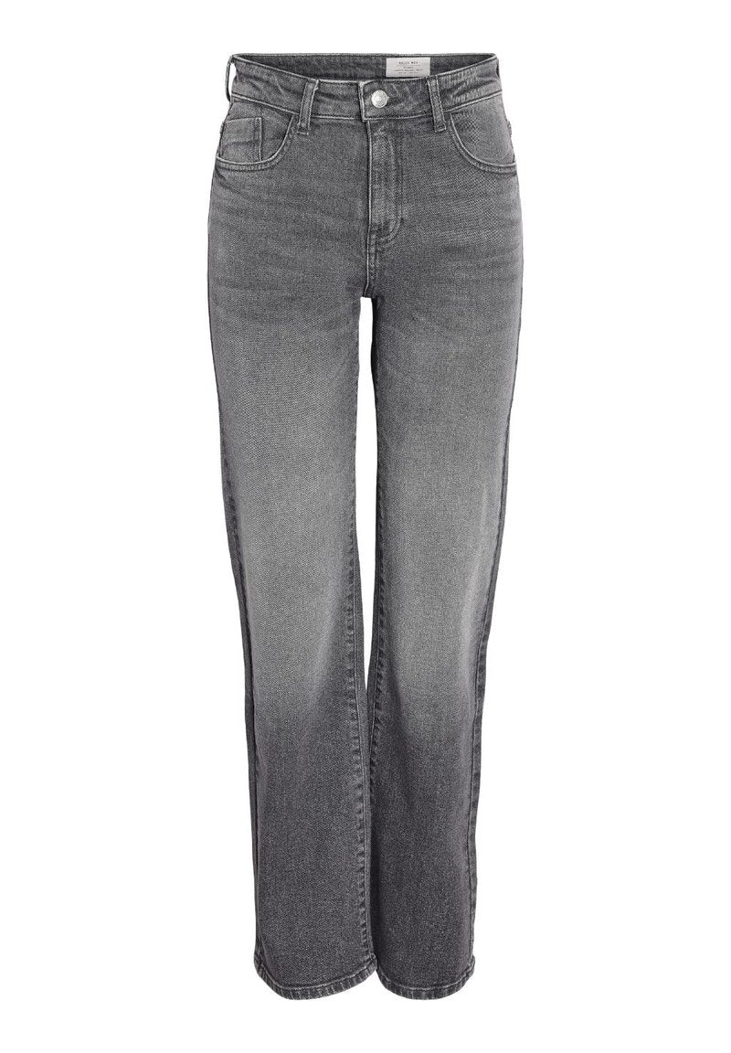 Graue, hoch taillierte Straight-Leg-Denim-Jeans mit Knopfleiste vorne, Gürtelösen und Verblassungen an Oberschenkeln und Knien.