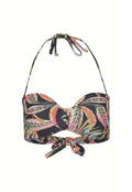 Schwarzer Bandeau-Bikini-Oberteil mit einem tropischen Blattmuster in Pink und Grün. Bindet am Hals und in der Mitte für eine verstellbare Passform. Glatte Textur.