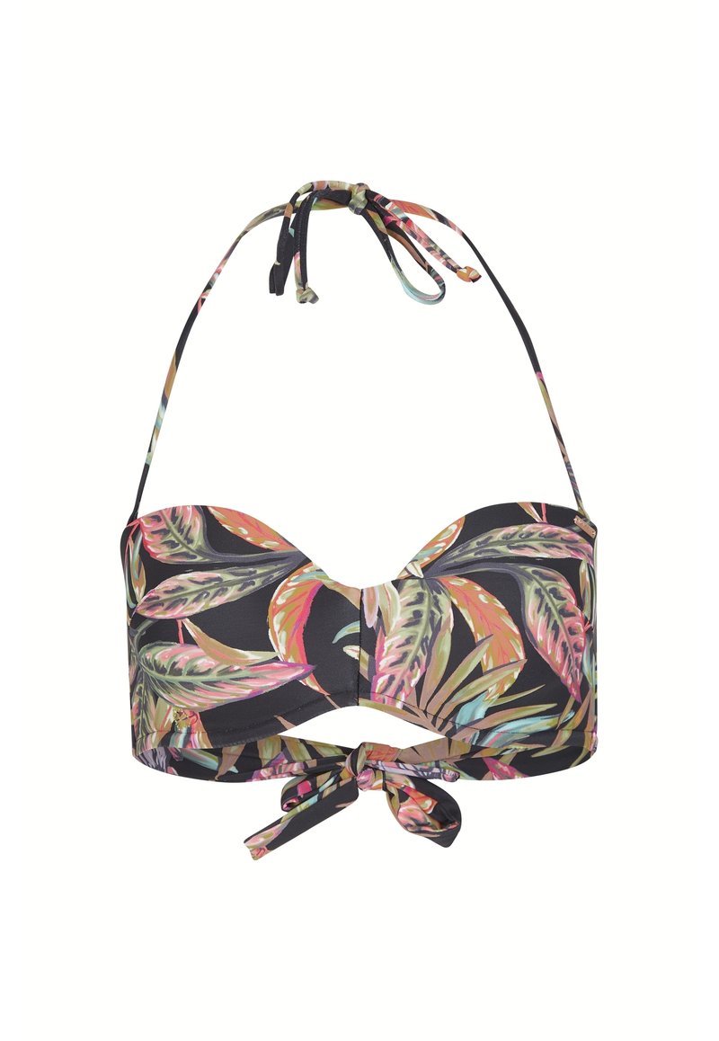 Schwarzer Bandeau-Bikini-Oberteil mit einem tropischen Blattmuster in Pink und Grün. Bindet am Hals und in der Mitte für eine verstellbare Passform. Glatte Textur.