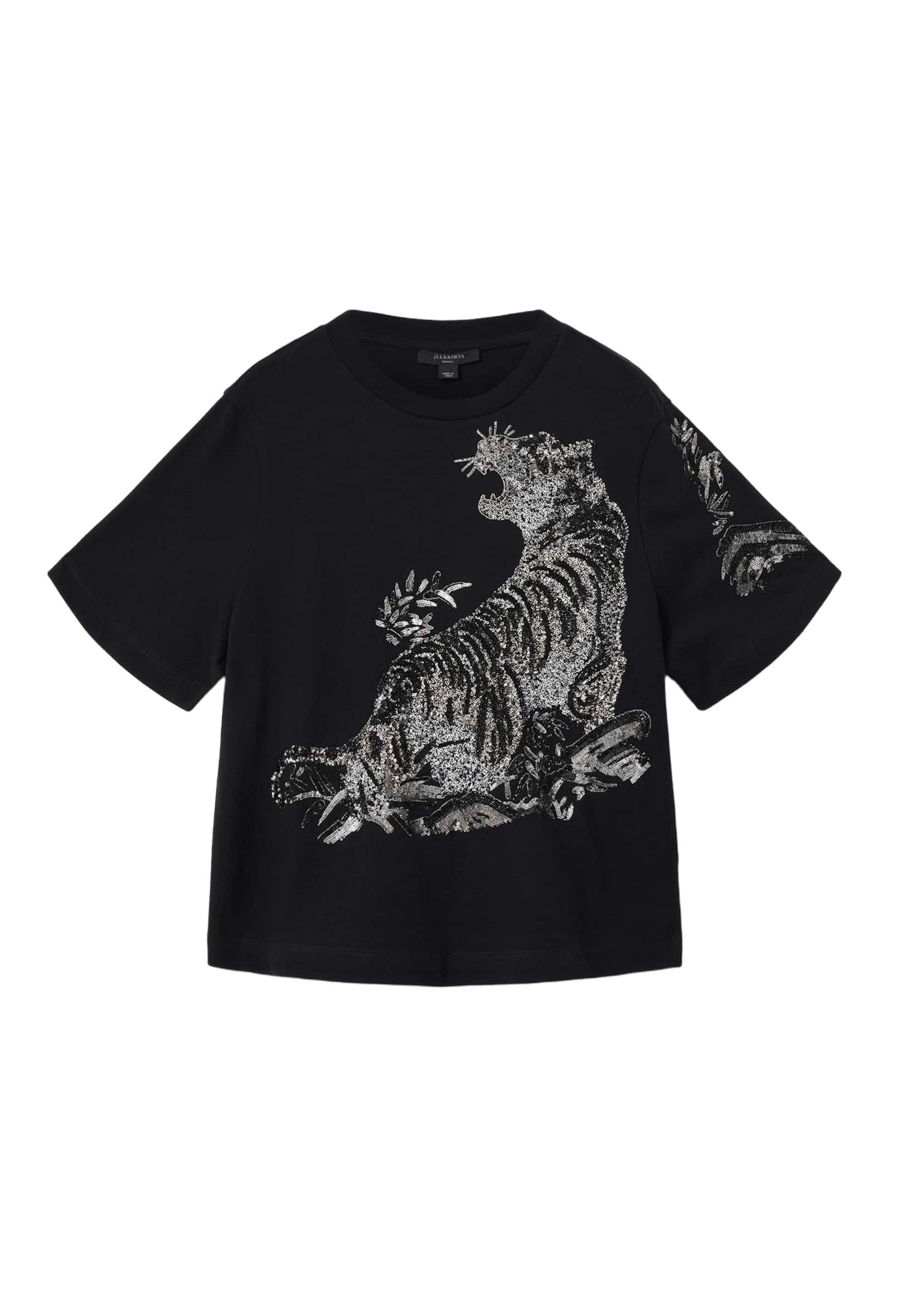 Schwarzes Baumwoll-T-Shirt mit kurzen Ärmeln, versehen mit einem silbernen Glitzertiger-Design und blattförmigen Akzenten auf der Vorderseite und dem Ärmel.