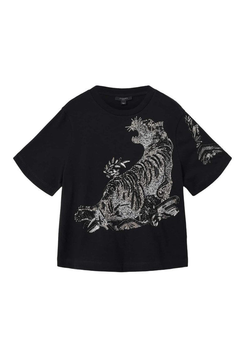 Schwarzes Baumwoll-T-Shirt mit kurzen Ärmeln, versehen mit einem silbernen Glitzertiger-Design und blattförmigen Akzenten auf der Vorderseite und dem Ärmel.
