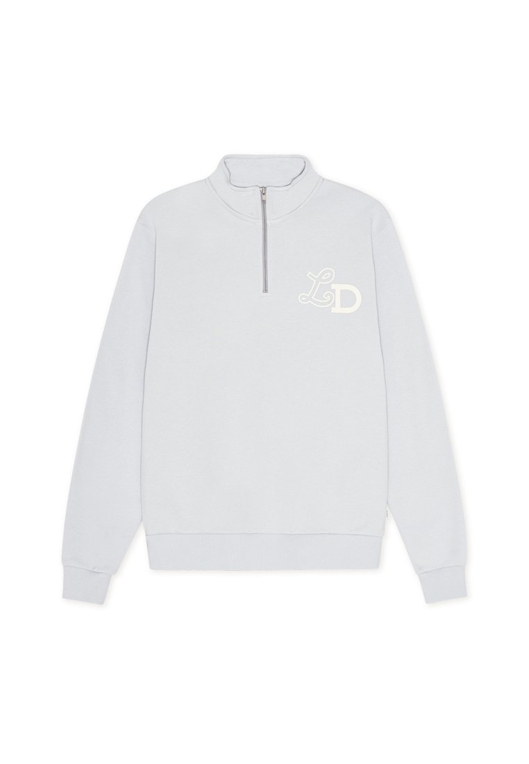 Hellgrauer Zip-Kragen-Sweatshirt mit gerippten Bündchen und Saum, ausgestattet mit einem gestickten "L"- und "D"-Logo auf der linken Brust. Weicher Stoff.