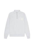 Hellgrauer Zip-Kragen-Sweatshirt mit gerippten Bündchen und Saum, ausgestattet mit einem gestickten "L"- und "D"-Logo auf der linken Brust. Weicher Stoff.