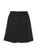 Schwarze Shorts mit Gummibund und Kordelzug. Aus einem glatten Stoff gefertigt, mit lockerer Passform und geradem Bein-Design.